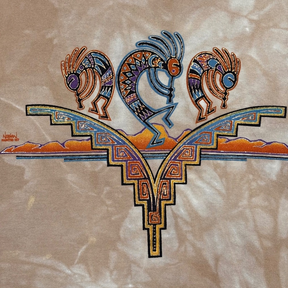 Vintage Nathan Richards Painted Sky Kokopelli Beige Tie Dye Sweatshirt Large 90s - Picture 3 of 11